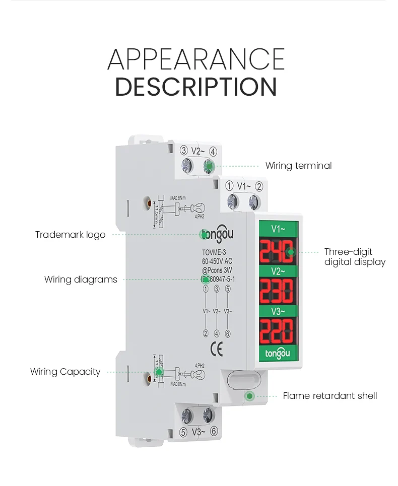 Din Rail Mount Three Phase Voltage Meter Ac 80 500v Mini Modular