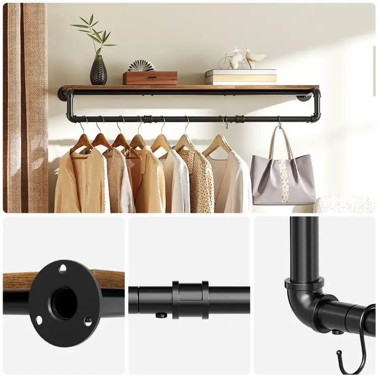 Wholesale Wooden Wall Mounted Coat Racks with Hooks and Storage Shelf Industrial Style Clothes Holder Rods for Entryway