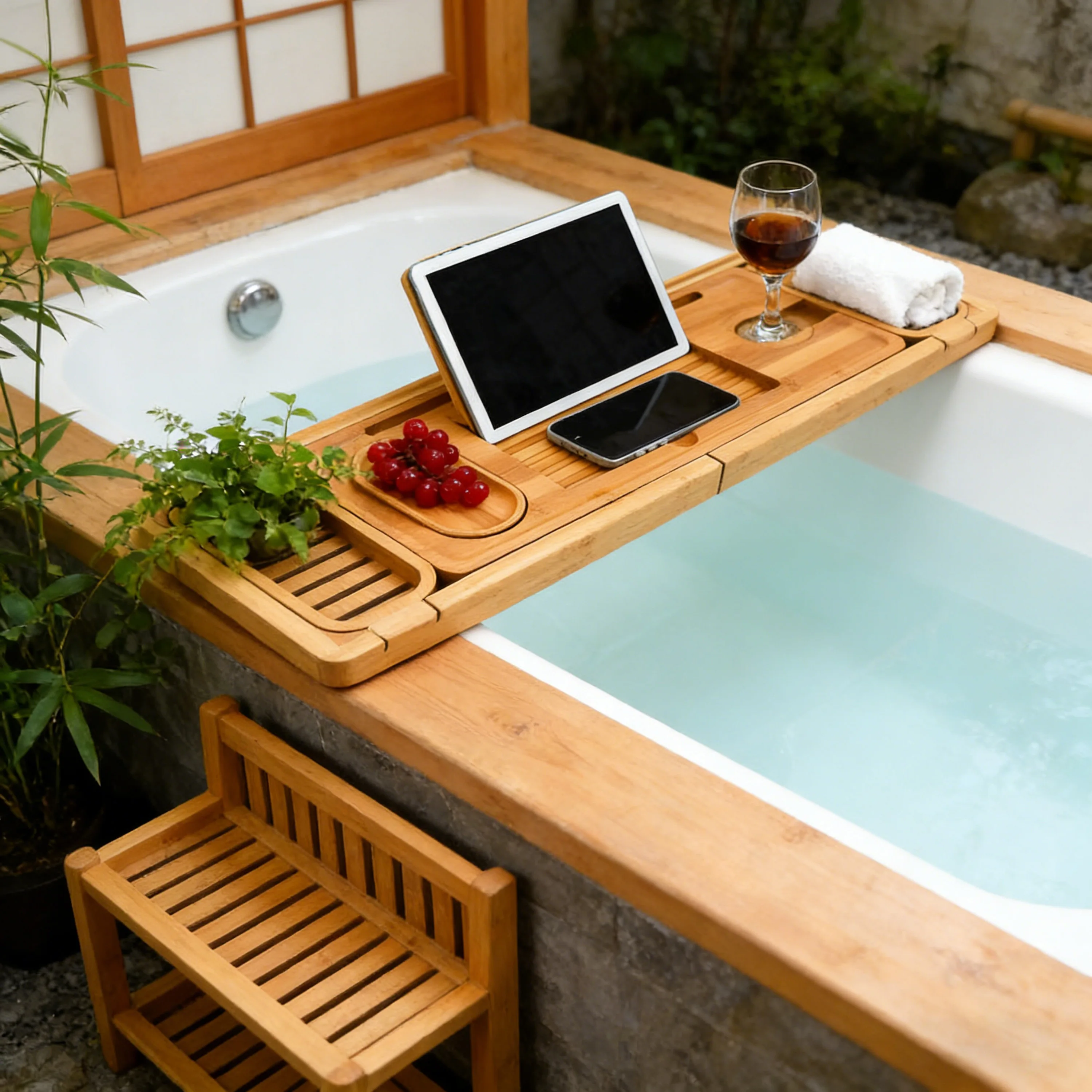 product bamboo expandable bathtub caddy tray non slip bath tray organizer for luxury spa bathroom accessories with wine glass holder-6