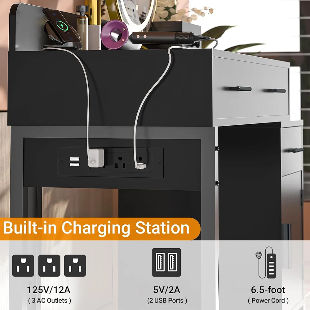 Modern Reversible Black Vanity Desk 4 Storage Drawers Charging Station Divided Organizers for Women Girls Makeup Vanity Table details
