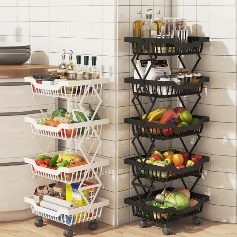 Metal 4 Tier Kitchen Storage Basket Floor Standing Foldable Storage Baskets for Kitchen