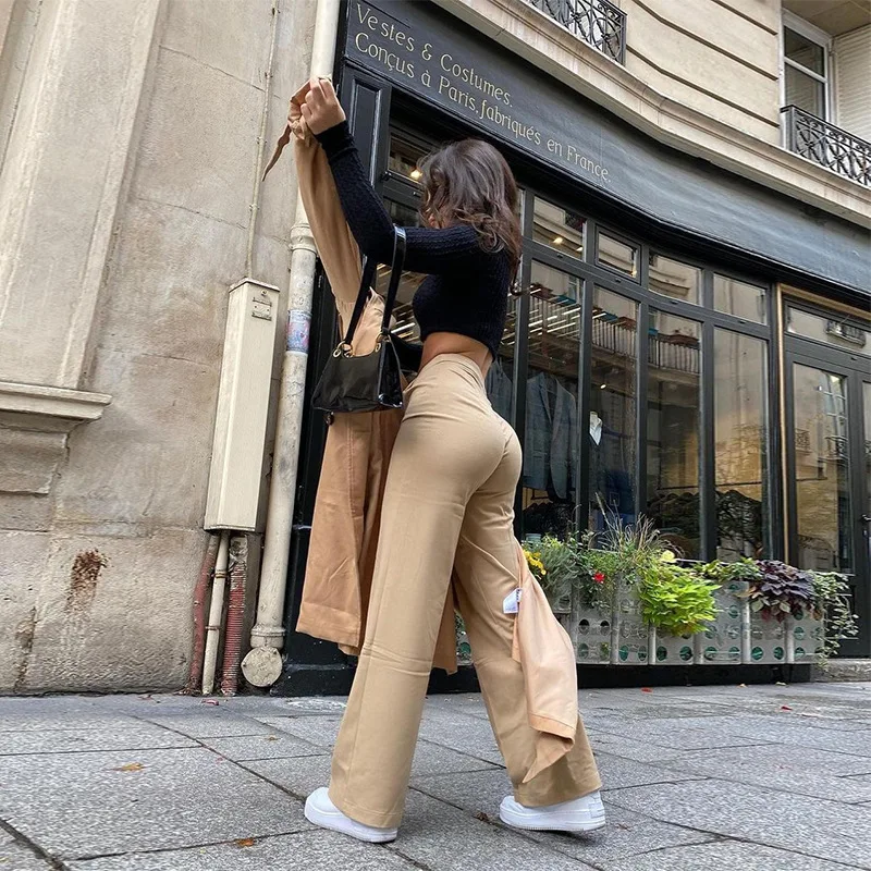 Pantalones Rectos De Cintura Alta Para Mujer,Pantalón Fruncido,Color Caqui  - Buy Pantalones Caqui,Pantalones,Pantalones De Pantalón De Mujer Product  on Alibaba.com