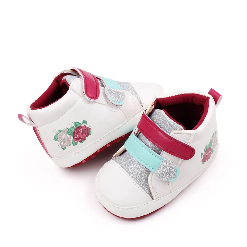 Glitter Heart Baby Girls Rose Print Pattern Different Colors Double Hook and Loop High Top Casual Shoes factory