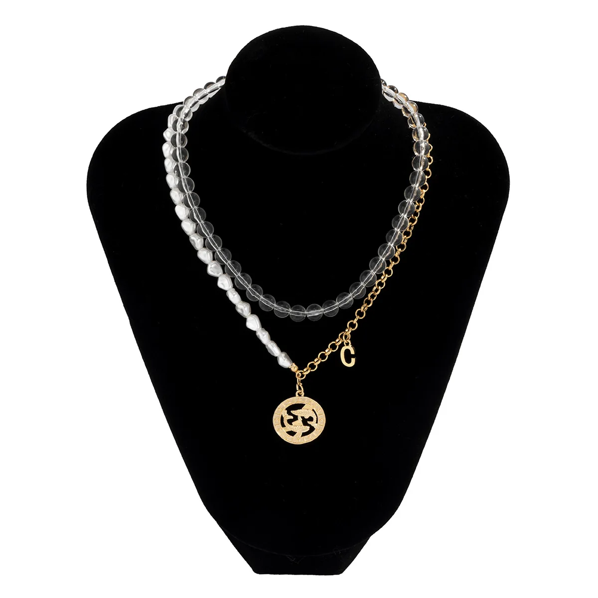Simple hollow double fish pendant transparent beads splice irregular pearl necklace accessories women
