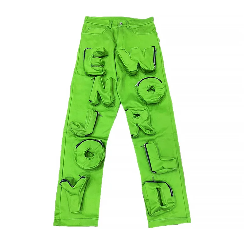 Custom Bright Green Utility Pockets Streetwear Baggy Twill Cargo Pants For Men 13