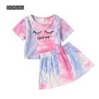 Girls Top DIDIBUBU Girls Short Sleeve Tie-dye Good Night Printed Top Skirt Little Girls 2 Piece Sets