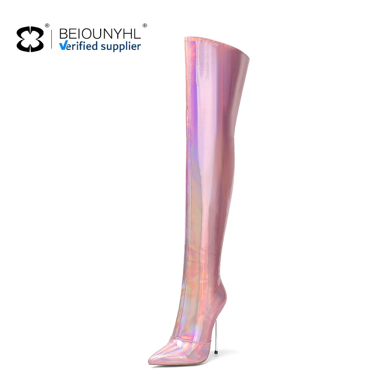 2023 New Lacquer Leather High Heel Knee Length Boots High Heel Pointed Laser Colorful Boots Night Club Show Fashion Shiny Boots