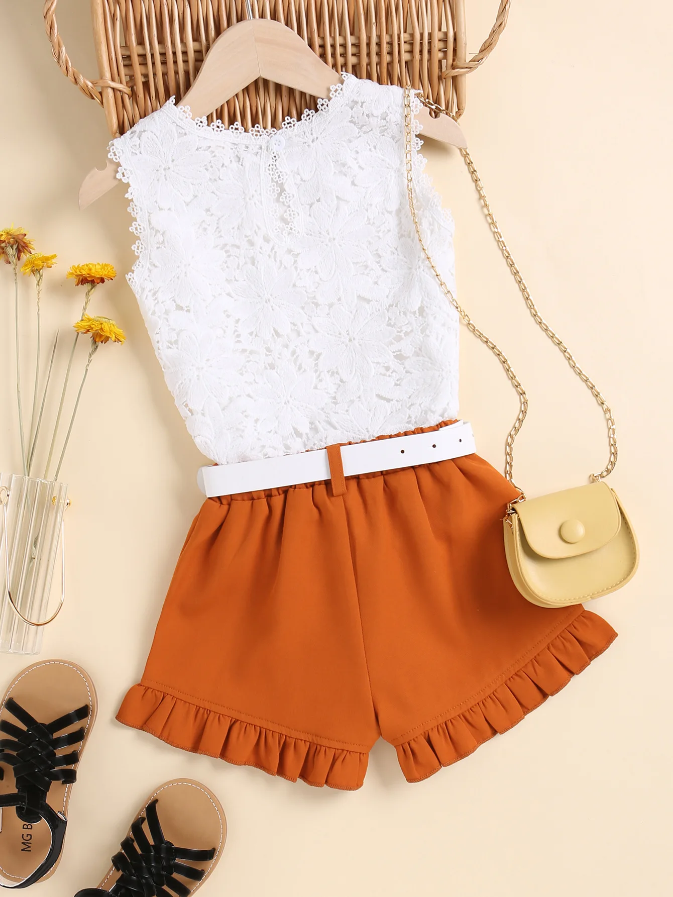 Korean fashion children two piece summer outfits sleeveless shirts+shorts+belt 3pcs kids outfits 1-7 years