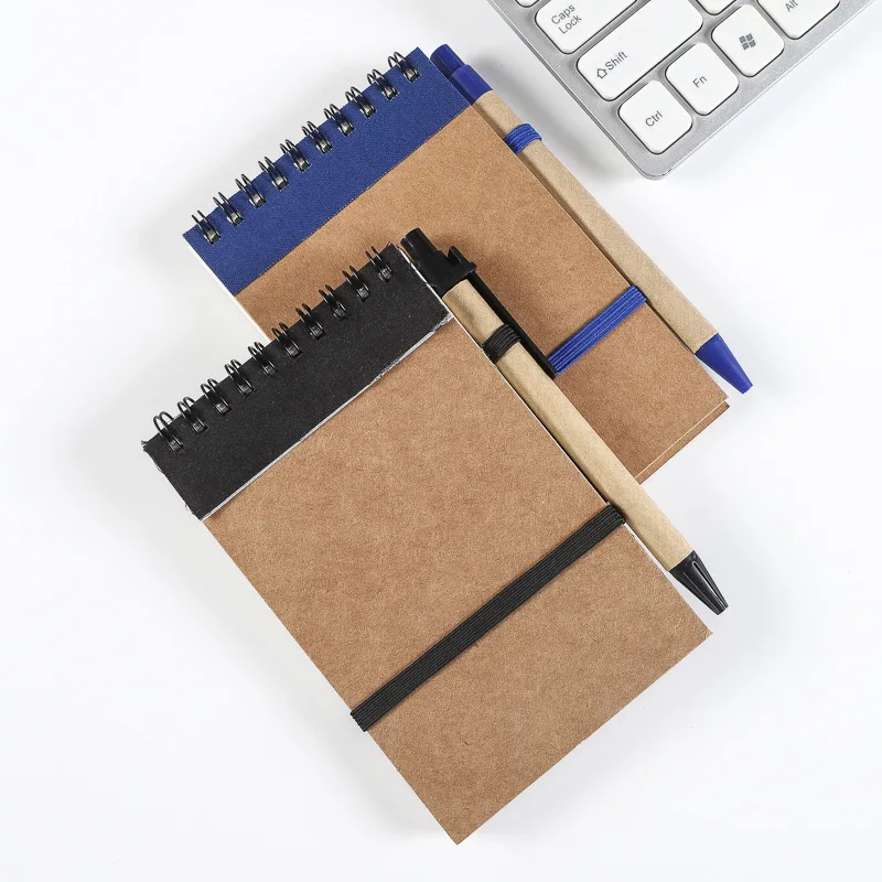 Environmentally friendly and recyclable kraft paper card cover bandage spiral binding notebook with pen Environmentally friendly and recyclable kraft paper card cover bandage spiral binding notebook with pen
