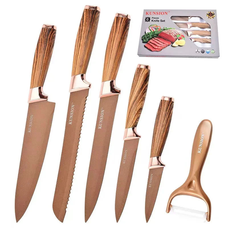 Profession 6Pcs Stainless Steel Steak Chef Modern knives Vegetable Knives Kitchen Knife Set with Wooden Handle