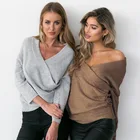 Pullover Pullover And Sweater Ladies Fashion V Neck Sexy Plain Knit Long Sleeve Off Shoulder Pullover Sweater