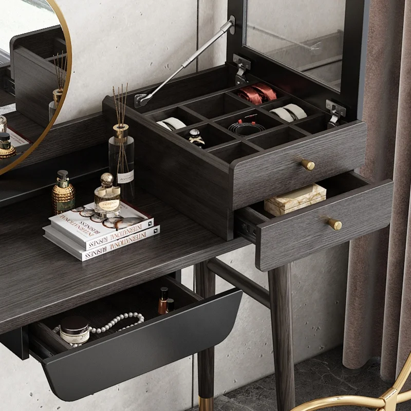 European Style Luxury Modern Storage Black Simple Vanity Mirror Set Dressing Table