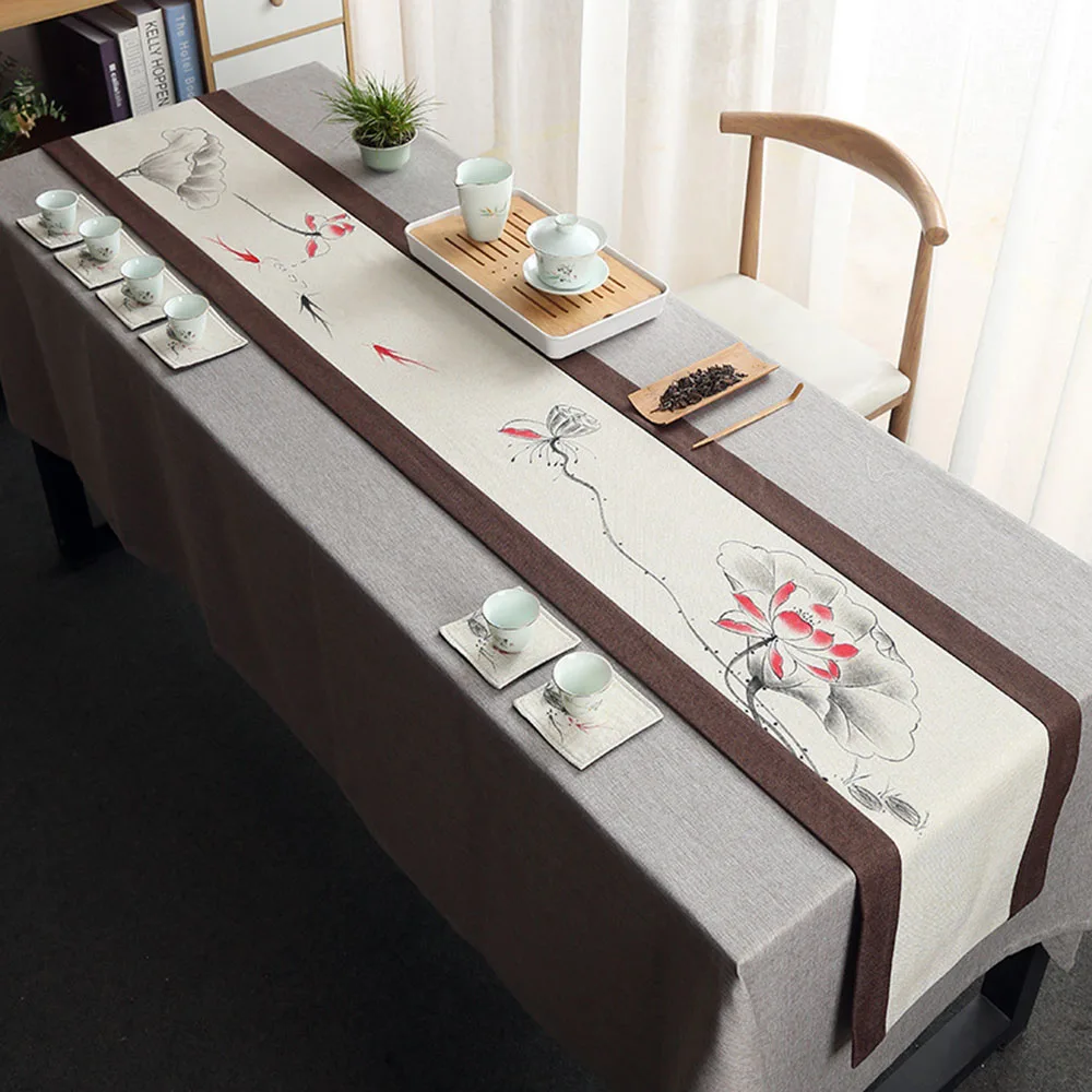 Freehand Sketching Tea Space Conference Living Room Canteen Long Chinese Style Rectangle Household Flax Tablecloth