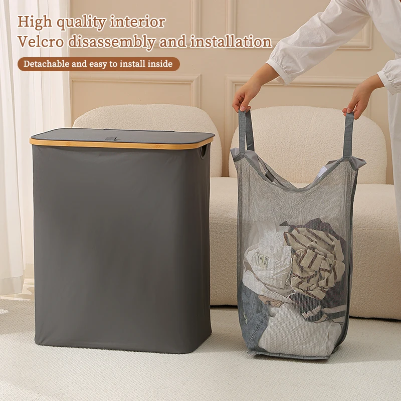 Slim Narrow Foldable Clothes Laundry Hamper Laundry Room Bamboo Laundry Basket with Removable Inner Bag