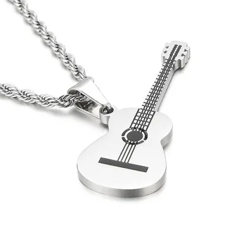 Fashion Cool Punk Black 316L Stainless Steel Guitar Pendant & Necklaces Leather Chain Men Women Costume Jewelry