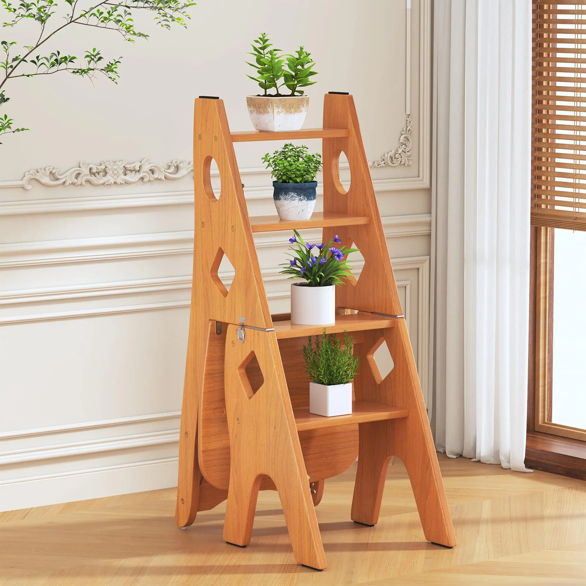 product portable foldable wooden stair chair living room furniture with library ladder display rack for bedroom storage decor-14
