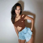 Hole 1 Kliou K20K10755 2021 Bodysuit Women Sexy Cut Out Hole 1 Shoulder Pleated Cotton Rompers