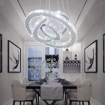 LED Modern Crystal Chandeliers 3 rings LED Ceiling Lighting Fixture Adjustable Stainless Steel Pendant Light for Living Room