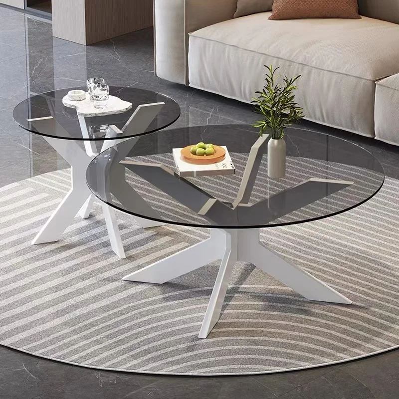 Contemporary Round Modern Glass Walnut Center Coffee Table with Solid Wood Legs for Small Space in Living Room