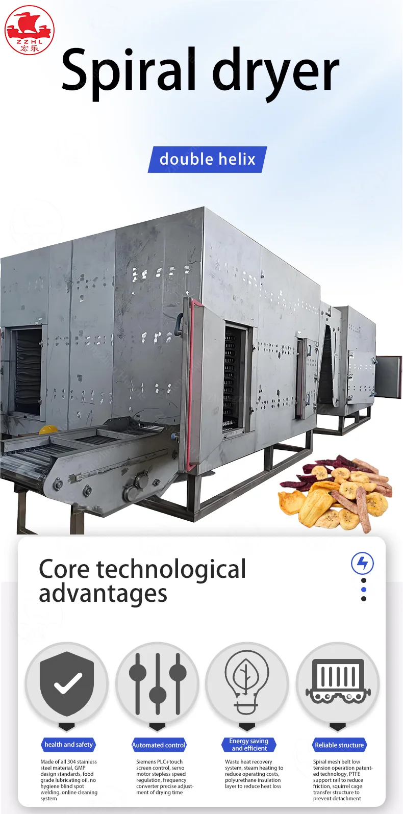 product double spiral dryer customizable capacity 304 stainless steel plc control for meat vegetables dry fruit machine-0