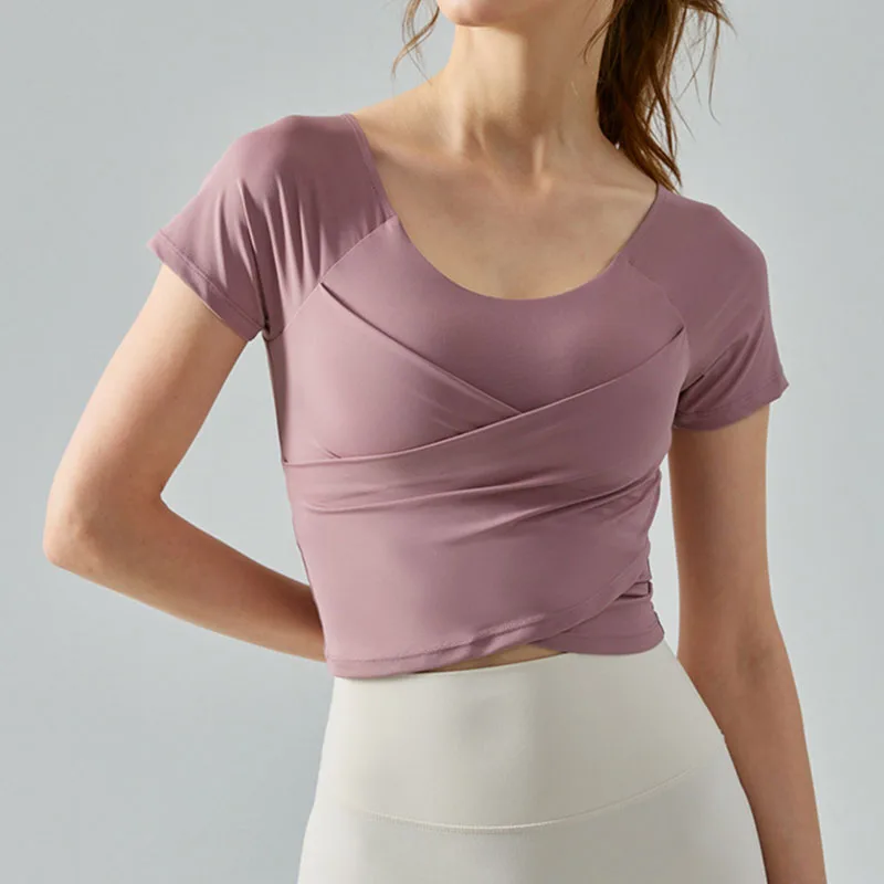 Women Active Sports Short Sleeve Soft Compression Open Back Cropped Gym Sportswear Women Yoga T Shirt