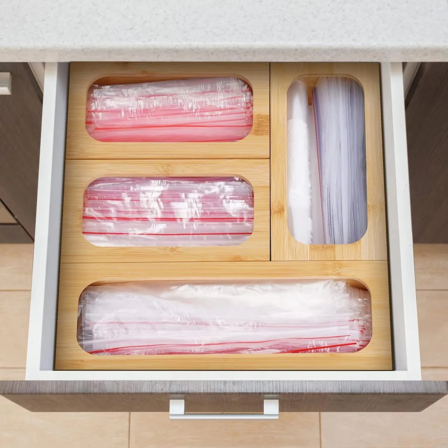 product bamboo ziplock bag dispenser organizers box bag holder drawer 4 in 1 storage organizer for sandwich gallon snack-4