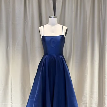 2025 Elegant Blue Satin Ball Gown Women Long Summer Sleeveless Bridesmaid Prom Dress Sexy Backless Embroidery Pattern Wedding