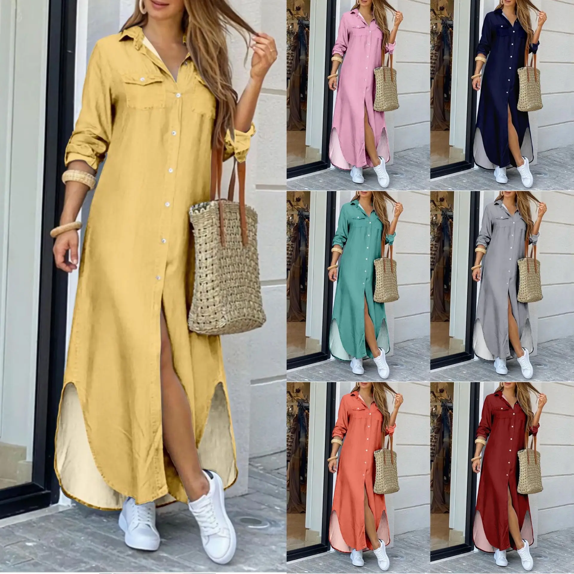 HOT SALE Summer Shirt Dress autumn Fashion Casual Long Dress Plus Size Women'S Clothing S-5XL