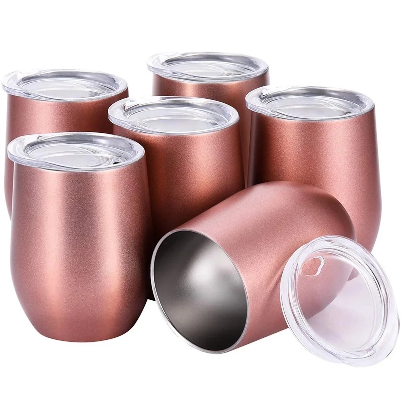 Hot Selling Custom 12oz Stainless Steel Wine Tumbler Straw Rose Gold Color Logo Design Travel Thermal Coffee Drinking Bottle Lid
