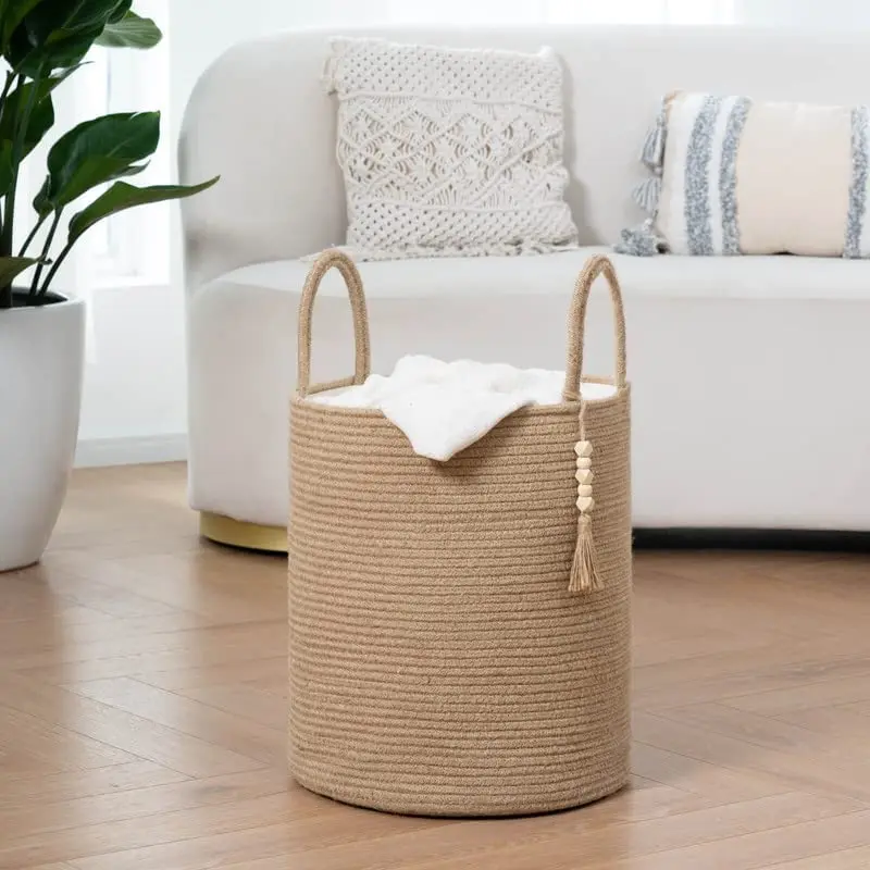 Round Tall Woven cotton rope Laundry Basket cotton rope basket woven laundry Decorative Blanket Basket for Living Room