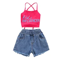 Hot sale girls summer outfits red letter print vest tops matching denim shorts boutique children kids clothing sets