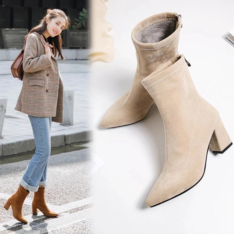 Fashion Autumn Ankle Elastic Sock Boots Chunky High Heels Stretch Women Sexy Booties Pointed Toe Women Pump