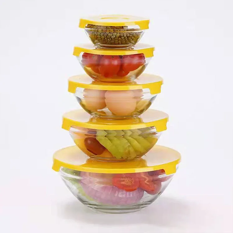 5Pcs Set Hot Selling Wholesale Kitchen Home Decor Accessories Clear Glass Tableware With Lid Glass Bowl Set