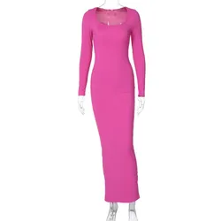 Ribbed Solid Long Sleeve U Neck Maxi Dress 2024 Fall Sexy Evening Party Elegant Dress