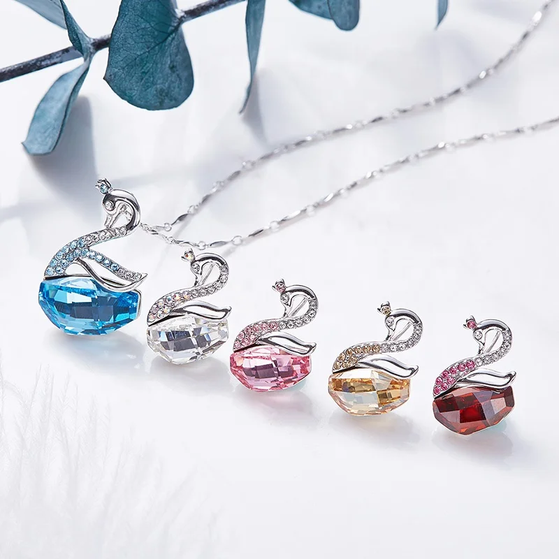 CDE YP0058 Romantic Crystal Jewelry 925 Sterling Silver Swan Necklaces Cute Animal Jewellery Rhodium Plated Pink Swan Necklace