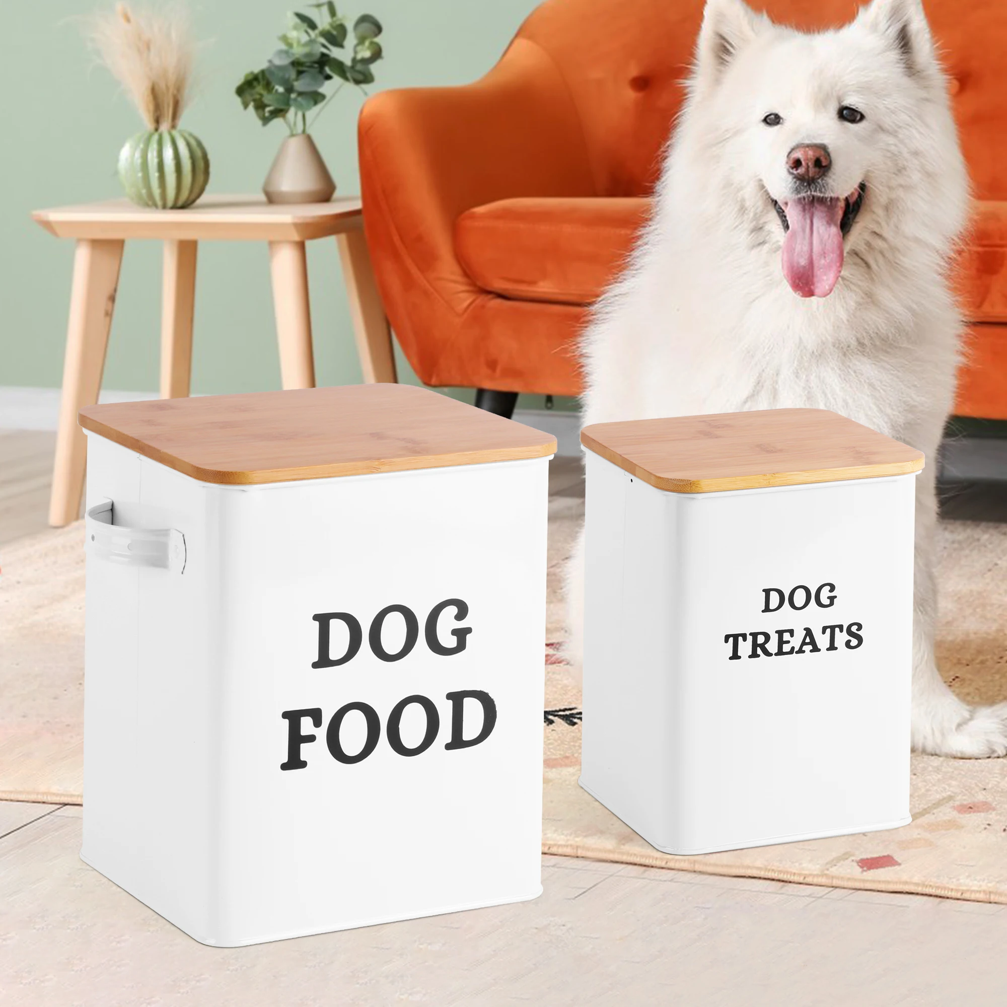 Factory Airtight Pet Food Metal Storage Sets Dog Food and Dog Treat Storage Container Sets With Wooden Lid and Meas