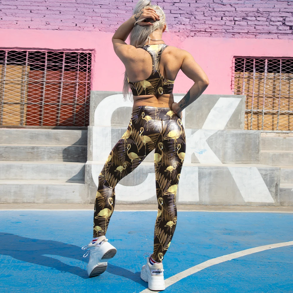 MIQI Custom Quick Dry Flamingo Print Women Sports Bra High Waist Workout Leggings Active Wear Sets Fitness Yoga Wear