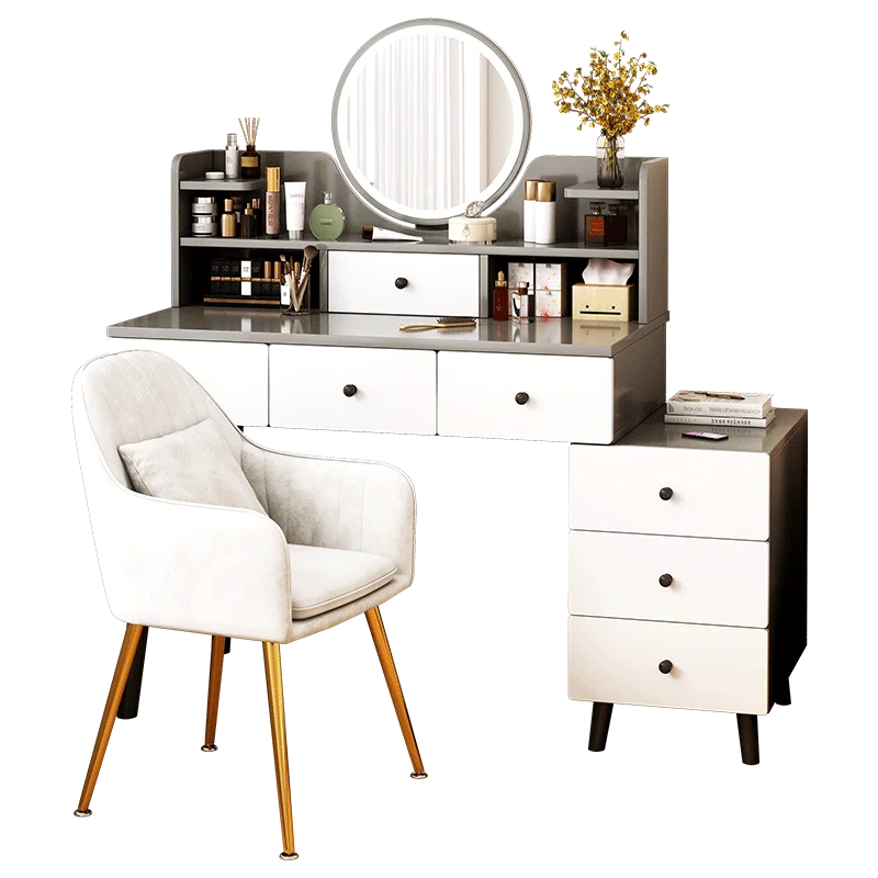 Modern Nordic Wooden Multifunction Ladies Vanity Table in Bedroom with Led Light makeup Mirror Storage