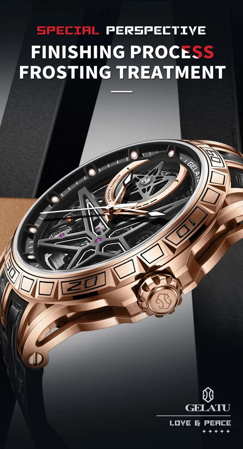 GELATU 6009 Popular Custom Face Mens Mechanical Watch Buy Leather Strap Luminous Scrolling Moq 1 Casual Watch Company