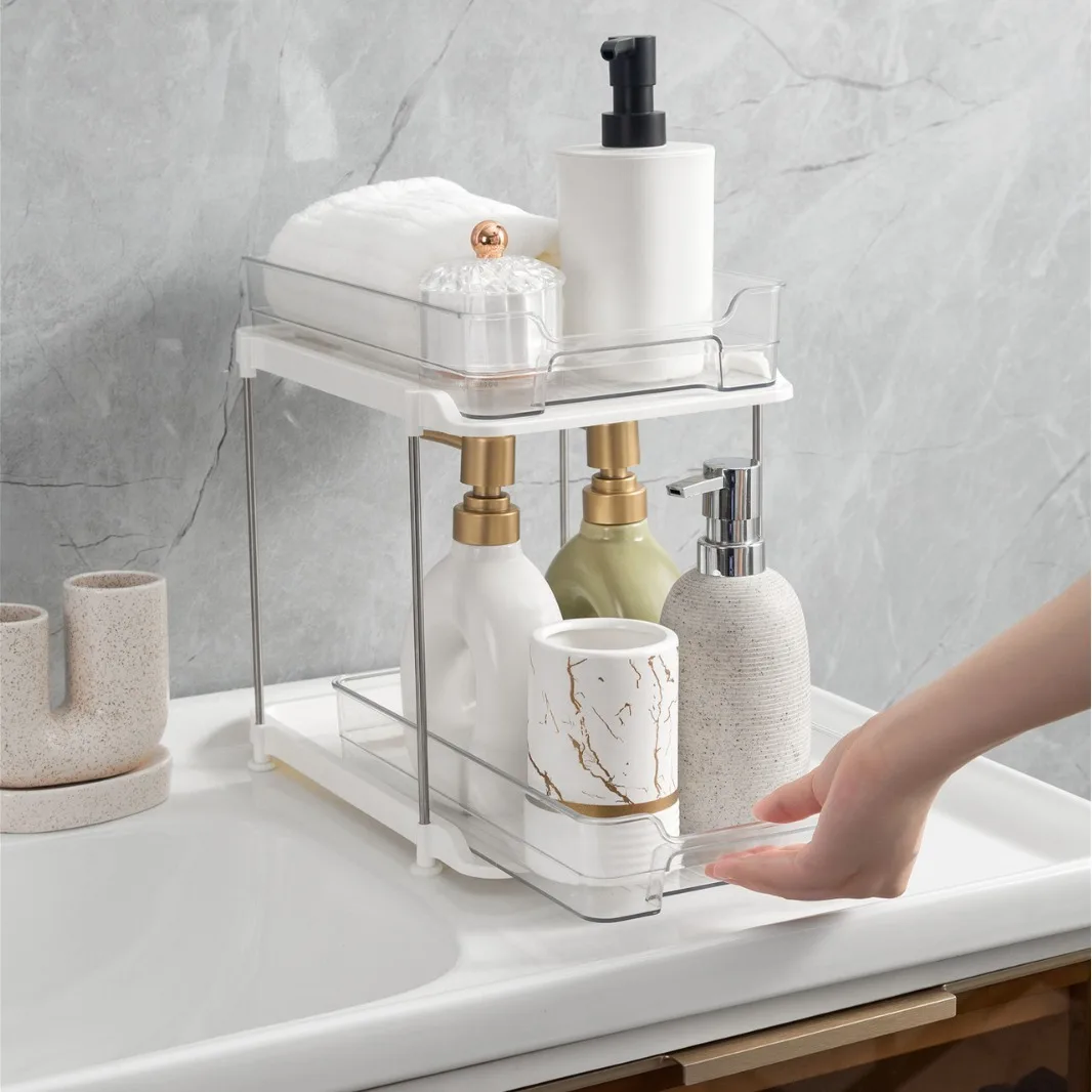 product popular double layer plastic storage rack cross border kitchen bathroom pull out unit with drawers for living room use-8