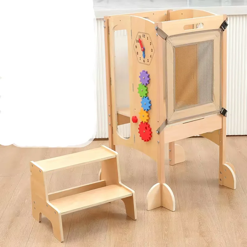 Faltbarer Küchenhocker für Kleinkinder mit 2-Stufen-Hocker Montessori-Aktivitätsspiele Baby-Lernturm aus Holz mit Sicherheitsnetz Lieferant