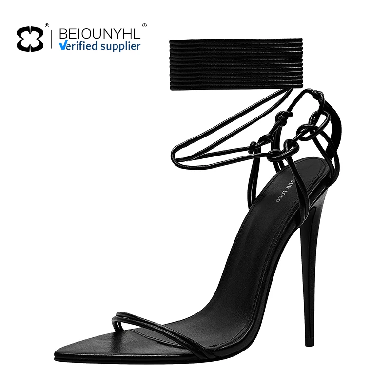 2024 Custom Logo Plus Size Women Sexy Fashion Ankle Straps Lace-up Sandals Thin Spike Heel Sandals High Heels Ladies Shoes