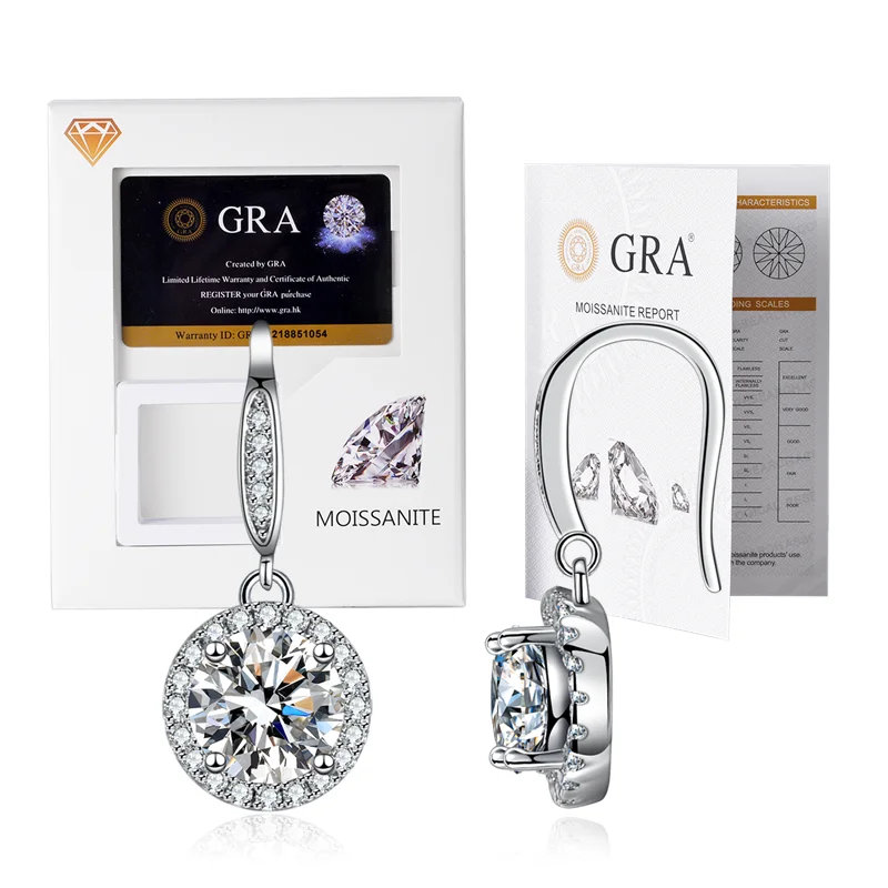 High quality gra certificate 1 carat vvs d color 925 silver moissanite halo earrings drop