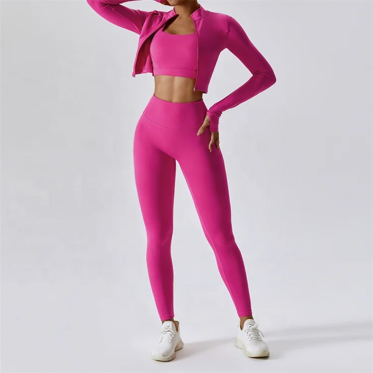 Women Sportswear 3 Piece Set Yoga Top Jacket Pants Leggings Sports Bra Scrunch Shorts Gym Workout Clothes