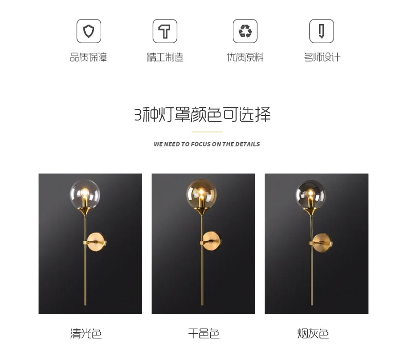 Antique Design Home Decoration Brass Base Amber Globe Glass Shade Indoor Wall Light for Bedroom