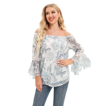 Woman's Summer 3/4 Flare Sleeve Off Shoulder Strapless Blouse Print Chiffon With Paisley Embroidered Mesh Lining Top