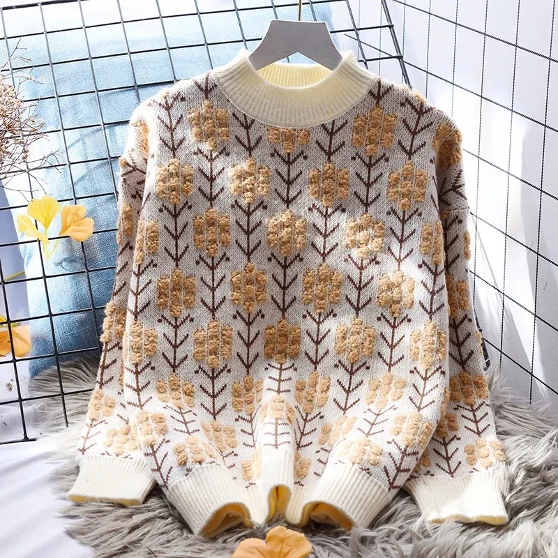 Women's 2024 Fall Casual Fall Waffle Knit Sweater Long Balloon Sleeve Loose Pullover Jumper