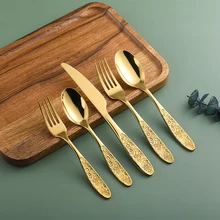 Luxury Palace wedding  Knife Fork Spoon Embossed Engraved flatware vintage flower design  cutlery set