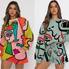 Abstract 2021 Autum New Arrival Ladies Fashion Casual Abstract Print Long Sleeve Shorts Hoodie 2 Pieces Set
