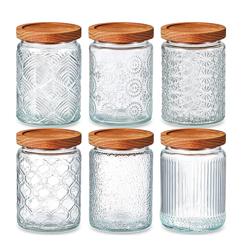 Vintage Glass Kitchen Storage Sealed Jar Glass Food Containers With Airtight Wood Lid For Coffee Beans Tea